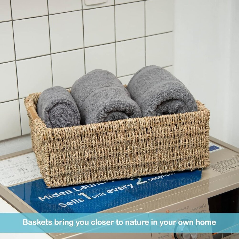 Large Natural Wicker Basket Rectangular with Wooden Handles, Seagrass Storage fo - Picture 7 of 9